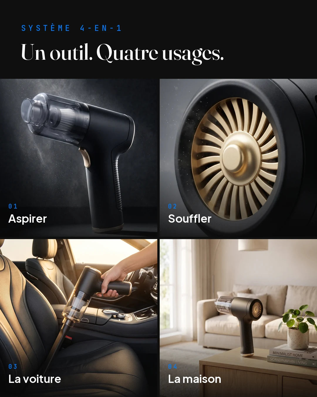 Système 4-en-1 : aspirer, souffler, la voiture et la maison