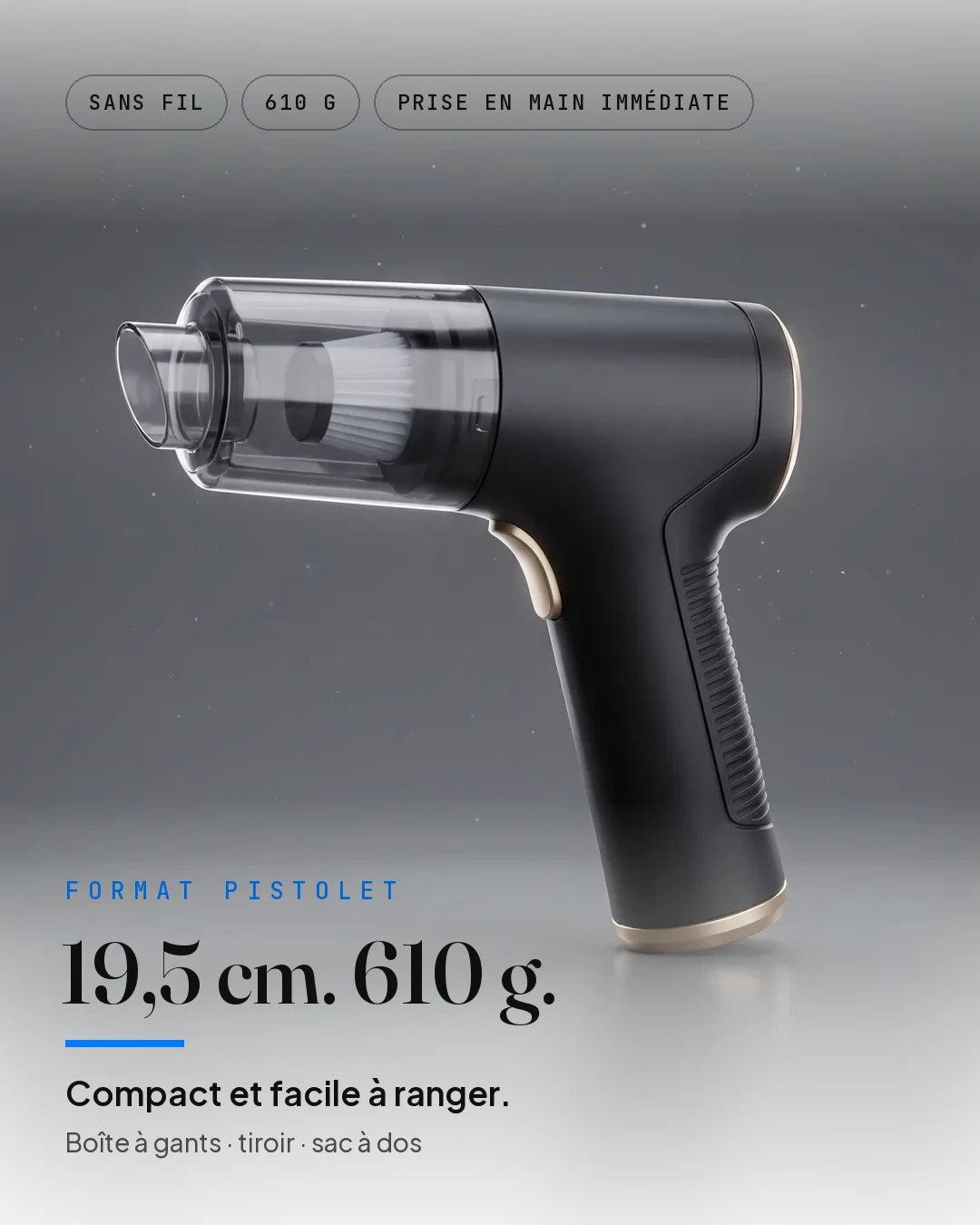 Format pistolet compact : 19,5 cm et 610 g