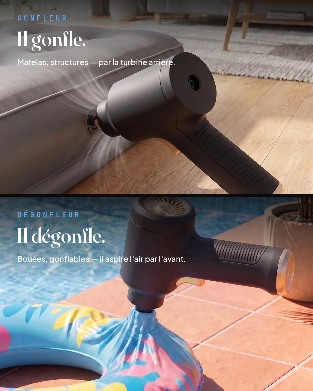 Il gonfle par la turbine arrière et dégonfle par l'avant — matelas et bouées