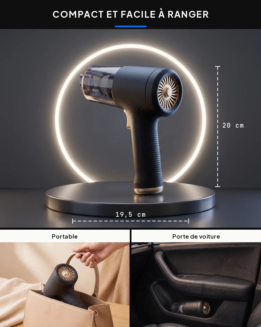 Compact et facile à ranger — 19,5 × 20 cm, portable et rangement porte de voiture